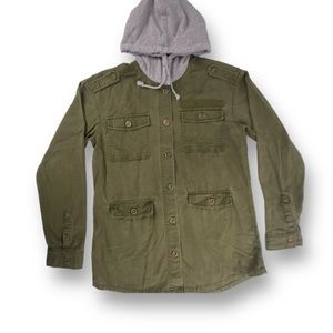 H&M Army Green Utility Jacket Grey Hoodie Unisex Button Up Men’s Size 2